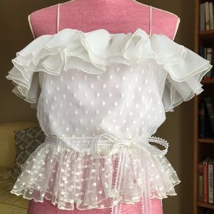 Vintage 80s White Ruffle Polka Dot Peplum Tank Top